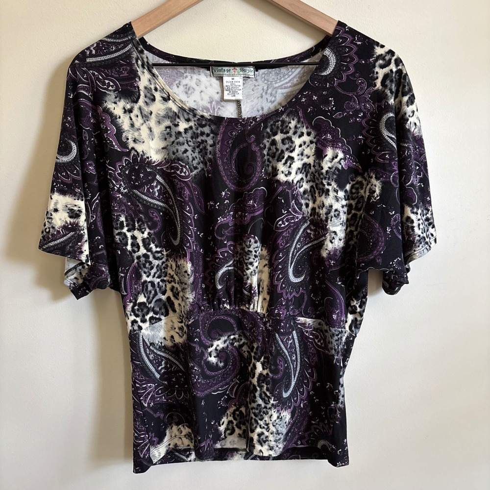 Vintage Suzie Purple Paisley Leopard Print Dolman Sleeve Blouse Medium 109014
